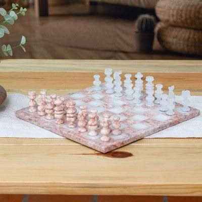'Modern Hand-Carved White Onyx and Pink Marble Chess Set'
