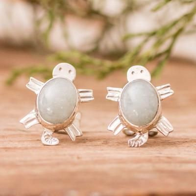 Light Green Marine Turtles,'Sterling Silver Green Jade Earrings with Sea Turtle Motif'