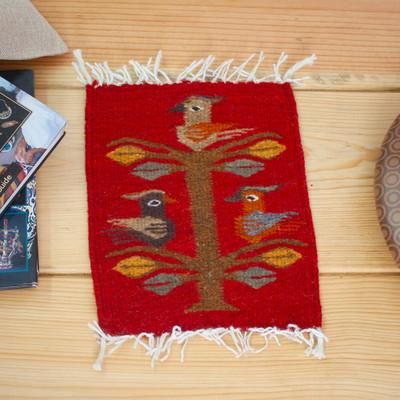 Red Bird Kingdom,'Red Handwoven Zapotec Style Bird Decorative Wool Table Mat'