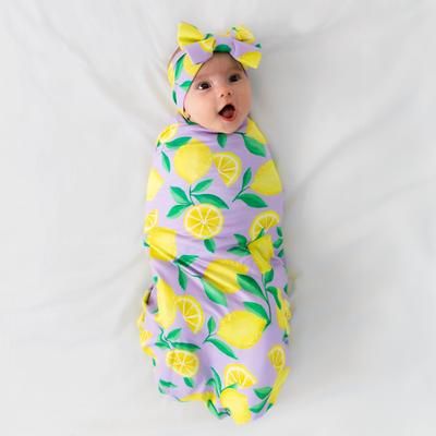 Lavender Sunny Citrus Swaddle & Luxe Baby Girl Soft & Stretchy Bamboo Bow Headbands Set - OSFA