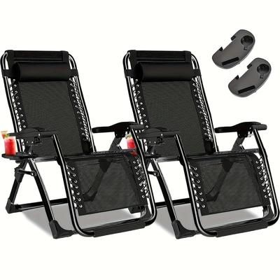 TEMU Portable 0 Folding Lounge Chairs, Set Of 2 Garden Loungers With Cup Holder Trays And Adjustable Pillow, Heavy Duty Reclining Chair For Beach Camping Patio, Poolside, Garden, Backyard, Lawn