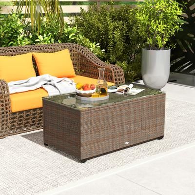 TEMU Outdoor Coffee Table, Pe Rattan Side Table With Tempered Glass Top, Wicker Rectangular Table End Table With For Patio, Balcony, 90 X 50 X 38cm, Brown