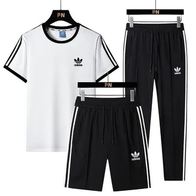 Adidas Sports Suit Men and Women Elastic Waistband Stripe Short-Sleeved T-shirt Long Pants and Short Pants Black White