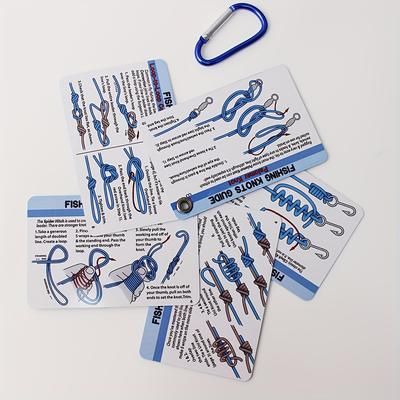 TEMU Set Of 5 Waterproof Pvc Fishing Knot Guide Cards With 12 Easy-to-tie Knots Instructions And Mini Carabiner - Durable, Portable Fishing Knot Reference Cards For Beginners