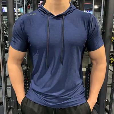 GYM Sport Hooded Running Men T shirt Fitness Slim High Elasticity Breathable Quick Dry Bodybuilding Mens Tshirt Men Tee Tops