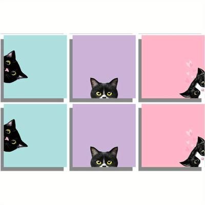 TEMU 6/12 Pads Black Cat Sticky Notes Set, Pink Self- Pads, Cute Memo Pads Super Adhesive Note Card For Cat Lover Gift, Teacher Office And School Supplies, 3x3in
