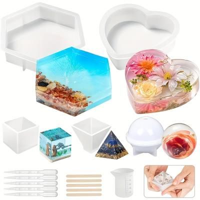 TEMU 16pcs Resin Kit With 8 Large Tray Silicone Molds - Includes Heart, Cube, Sphere, Pyramid Shapes | Flower Preservation & More