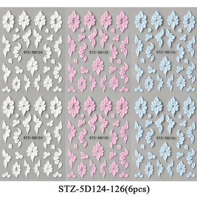 TEMU 6pcs Elegant White Flower Nail Art Stickers - 5d Embossed, Self-adhesive Acrylic Designs In Blue, Pink, And White For Women And Girls, Nail Decorations|floral Nail Art| , Nail Art Supplies