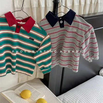 2025 Spring Children's Clothes Girls Long Sleeve T-shirts Toddler Cotton Striped Tops 1-6Year Kids Boys Polo T Shirt