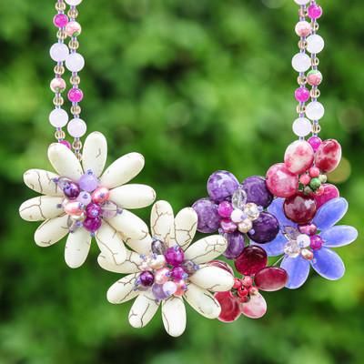 Exotic Garden,'Floral-Themed Multi-Gemstone Beaded Statement Necklace'