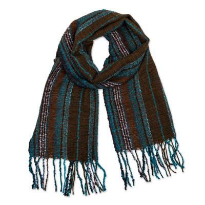 Andean Landscapes,'Brown Aqua Handwoven Striped Fringed Baby Alpaca Blend Scarf'