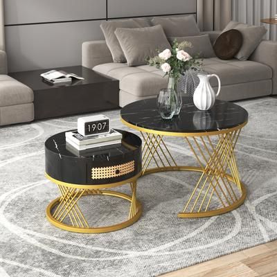 TEMU Btm 2-in-1 Round Coffee Table Made Of Mdf With Marble Grain Veneer Top, Rattan Drawers And Solid Wood Handles. Gold Coloured Iron Legs. 70*70*45.5+50*50*38.5cm