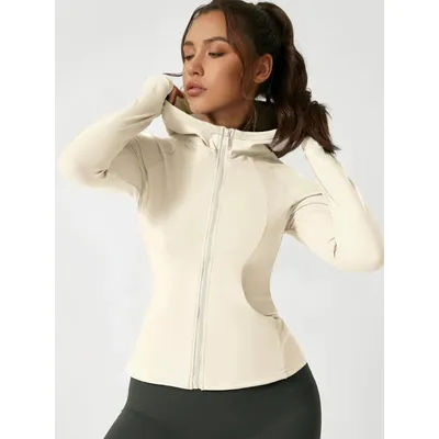 Fitfemme Women's Solid Color Thumb Hole Design LongSleeve Zip Up Hooded Sports Jacket, HighStretch Sporty Comfortable Breathable