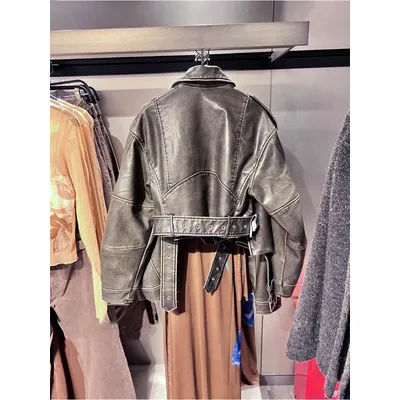 Mauroicardi Spring Cool Short Distressed Washed Pu Leather Moto Biker Jacket Women Long Sleeve Belt Luxury Designer Clothes 2025