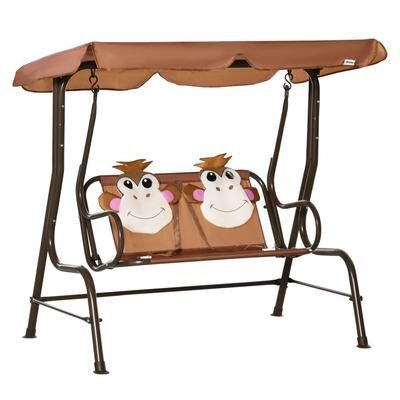TEMU 2 Seater Kids Garden Swing Seat, Children Outdoor Patio Lounge Chair For Gardens W/ Adjustable Awning, Seatbelt, Monkey Pattern - Brown