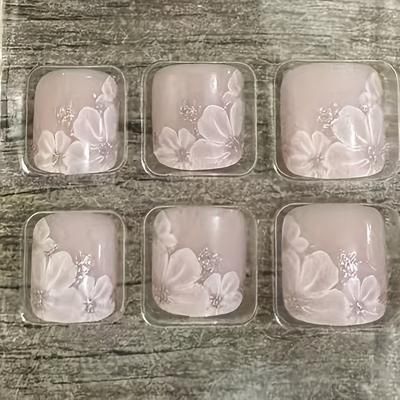 TEMU 24pcs Handmade Floral Glitter Press-on Nails - Square Short Reusable Nail Art Stickers With Pink Flowers & Rhinestones For Feet, Elegant Design For Parties Weddings