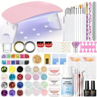 TEMU Peacecolor Acrylic Powder Kit Glitter Powder Acrylic Liquid Mini Nail Lamp Nail Decoration Tools For Beginners Nail Extension Building Starter Kit Diy Gift