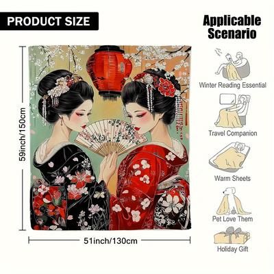 TEMU 1pc Geisha Print Flannel Throw Blanket - Vibrant Japanese- With Traditional Geishas, Cherry Blossoms & Lanterns - Bed, Couch, Camping, And Office - Cozy Gift