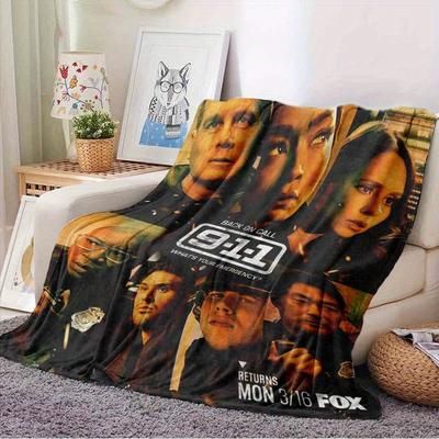 TEMU 911 Tv Show Character Print Flannel Blanket - Lightweight & Machine Washable Polyester Throw For Sofa, Bed, Travel, Camping - Vibrant With Emergency Theme
