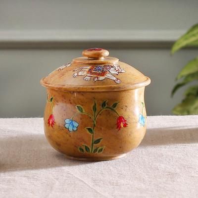 'Hand-Painted Elephant Floral-Themed Soapstone Decorative Jar'