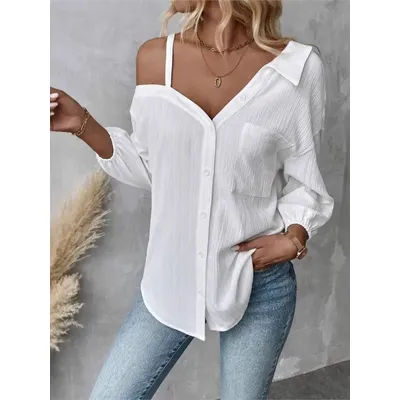 Femmes solide chemise Sexy col en V épaules dénudées chemises blanches hauts dame mode poches bouton bureau haut femmes vêtements été nouveau