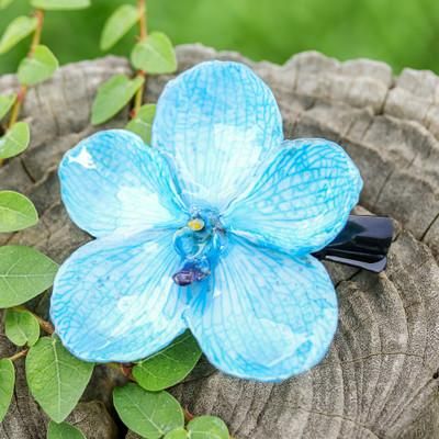'Glossy Resin-Coated Blue Natural Orchid Metallic Hair Clip'