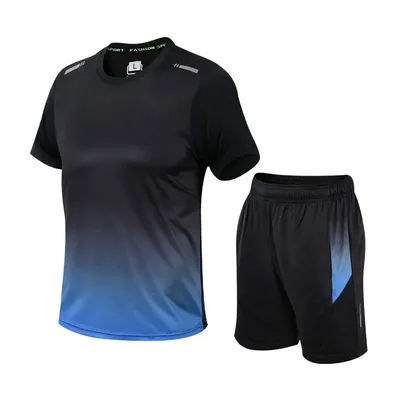 Men Active Quick Dry Crew Neck T Shirts and Shorts Set Athletic Workout Short Sleeve Clothes Basketball Running Gym Sports Suit