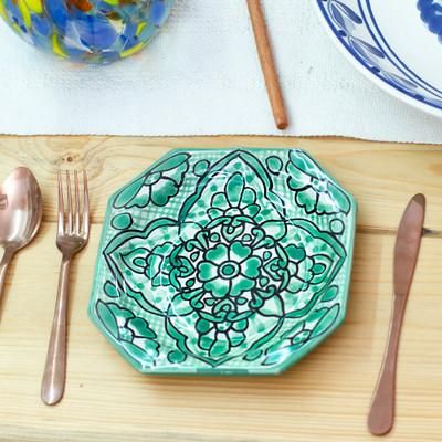 '2 Floral-Themed Green Talavera Style Ceramic Dessert Plates'