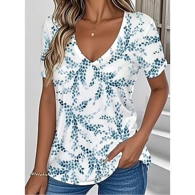 Per donna Maglietta Floreale Grafico Piante Vintage Elegante Classico Manica Corta Scollo a V Top Regolari Quotidiano Stampato Rosso Blu Viola Verde Azzurro Estate Primavera