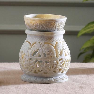 'Elephant Floral Leaf-Themed Openwork Soapstone Oil Warmer'