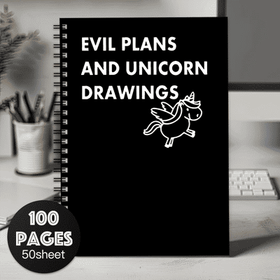 "TEMU 1pc Humorous Spiral Notebook Journal - "evil Plans And Unicorns" Sarcastic Cover With And White Illustrations - Work, School, Office, Or Home Gifts For , Colleagues,"