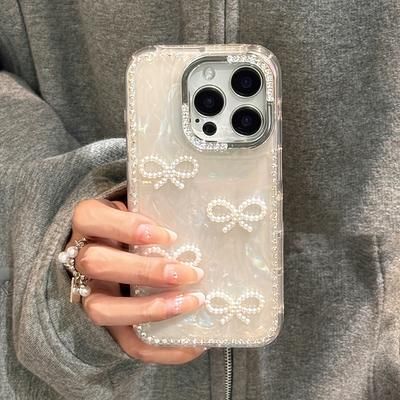 TEMU Luxury 3d Pearl Bow Glitter Rhinestone Shell Pattern Phone Case For Iphone 16 15 14 Pro Max Stylish Bling Back Cover