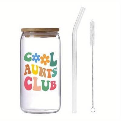 TEMU Club Glass Mason Jar Cup - Reusable 16oz Borosilicate Glass With Pattern - Hand Wash Only -, Food Grade - Ideal For Drinks - Perfect Gift For Aunt On Day, Birthday, Christmas