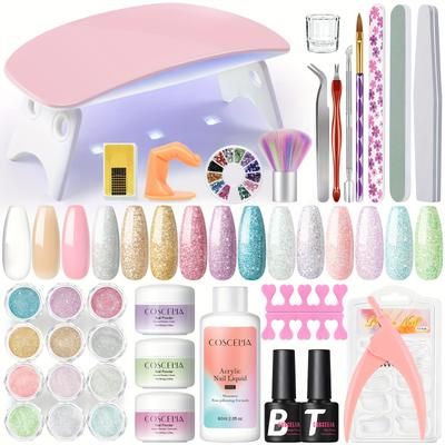 TEMU Coscelia Acrylic Nail Kit Acrylic Powder Glitter Nail Powder Acrylic Liquid With Nail Lamp Light Nail Extension Gel Tool Manicure Set Beginner For Home Diy