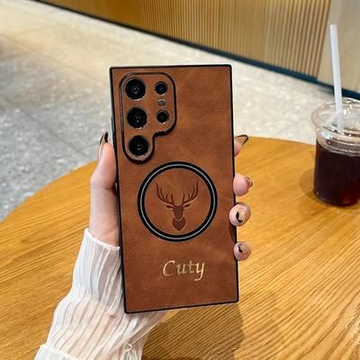TEMU Customized Magnetic Wireless Charging Phone Case Made Of Leather For Galaxy S25, S24, S23, S22 , Featuring A Deer Design.
