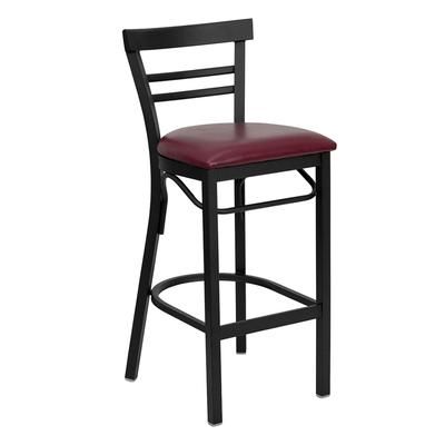 MoTak M058 Commercial Bar Stool w/ Black Powder Coated Steel Ladder Back, Burgundy Vinyl Seat