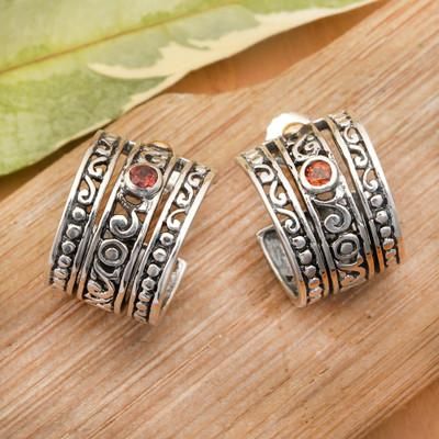 'Gold-Accented Silver Garnet Half-Hoop Earrings from Bali'