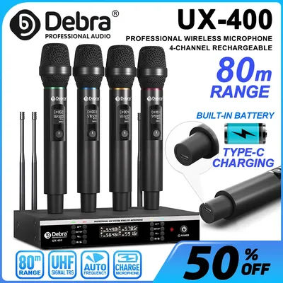 Debra UX-400 UHF 4-channel wireless handheld microphone, rechargeable microphone, 80M transmission distance, for stage, karaoke