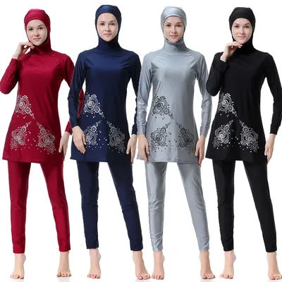 S-3XL mince à capuche 2 pièces maillot de bain musulman Burkini femmes dames couverture complète modeste couleur unie impression séchage rapide