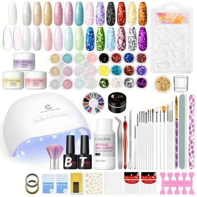 TEMU Coscelia Acrylic Nail Kit Acrylic Powder Glitter Nail Powder And Acrylic Liquid With Nail Lamp For Nail Extension Manicure Tools Set False Nails