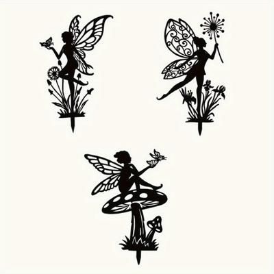 TEMU 3pcs/ Set Metal Garden Stake, Garden Fairy Metal Outdoor Decor For Your Patio And Lawn, Insert Silhouette Plaque Statue