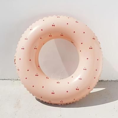 TEMU Adorable Cherry Print Inflatable Swim Ring - 2 Different Sizes, Pink With Red Cherries, Pool, Beach, Or Room Decor