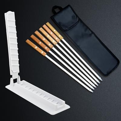 TEMU 6pcs Stainless Steel Barbecue Skewers + 1pc Meat Pressing Mold Set, Long-handled Barbecuing Sticks, Wooden Handles, Bbq Needles With Storage Bags For Outdoor Grilling And Kitchen Supplies