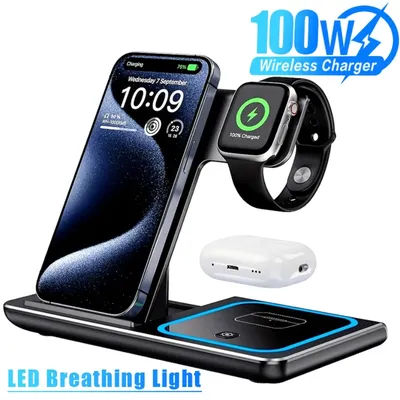Support de chargeur sans fil 3 en 1 100W, veilleuse pour iPhone 16 15 14 13 12 Apple Watch Airpods