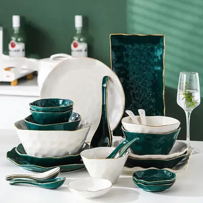Assiette en céramique nordique verte de haute couture, ensemble de vaisselle, assiette en porcelaine, bol à soupe, Style moderne