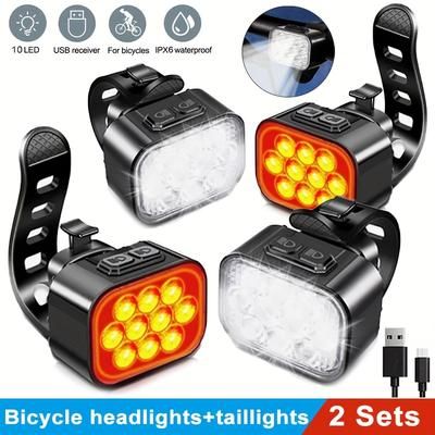 TEMU 2/4pcs Rechargeable Bicycle Headlights&taillights, 10led Mountain Bike Lights, 9 Lighting Led Bicycle Front And Rear Light Set, Ipx6, Light For Night Riding