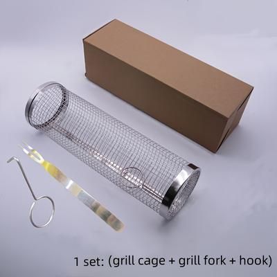 TEMU 3pcs (grill Cage + Grill Fork + Hook) Stainless Steel Bbq Grill Set, Portable Outdoor Barbecue Basket, Round Fire Pit Cooking Rack, Multipurpose Camping Grill Accessory
