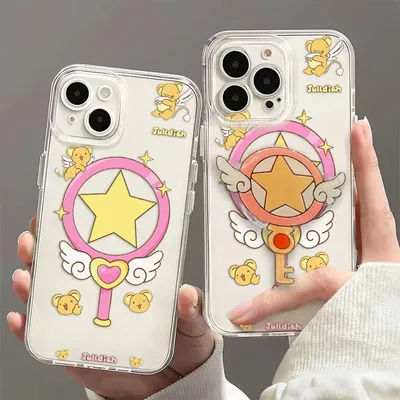 Kawaii Cardcaptor Sakura Bracket Phone Case For IPhone 16 15 14 13 12 11 Mini Pro Max X XR XSMax 7 8 Plus SE20 Transparent Cover
