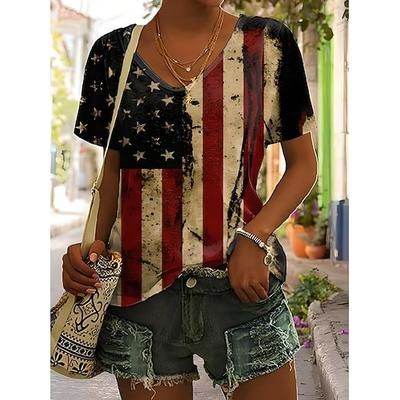 Maglietta Patriottica da Donna Grafica Piante Bandiera Americana Vintage Elegante Classica Maniche Corte Collo A V Regular Tops Stampa Quotidiana Week-end Nero Bianco Rosso Marrone Chiaro Blu