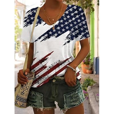Maglietta Patriottica da Donna Grafica Piante Bandiera Americana Vintage Elegante Classica Maniche Corte Collo A V Regular Tops Stampa Quotidiana Week-end Nero Bianco Rosso Marrone Chiaro Blu